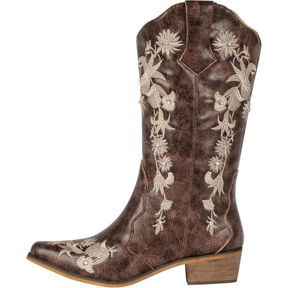 SheSole Women's Floral Embroidered Rhinestone Western Cowboy Boots Wide Calf - Picture 8 of 9